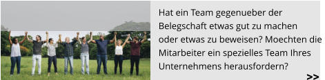 Hat ein Team gegenueber der  Belegschaft etwas gut zu machen  oder etwas zu beweisen? Moechten die  Mitarbeiter ein spezielles Team Ihres  Unternehmens herausfordern?   >>
